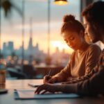 Étudiant en formation comptabilité analysant des documents financiers dans un bureau moderne
