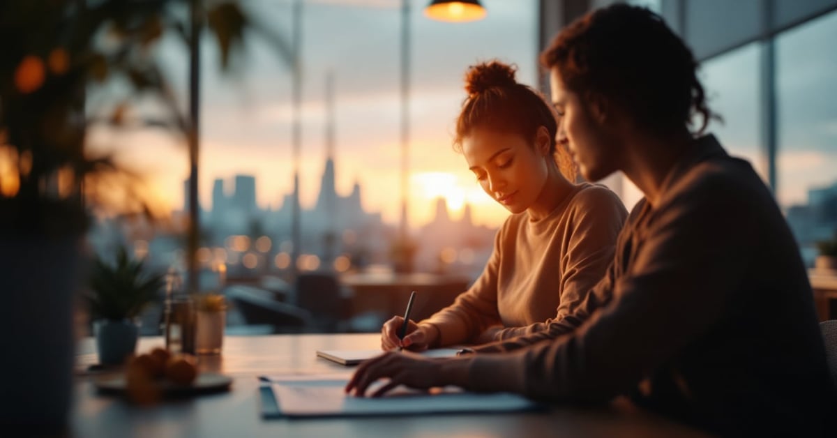 Étudiant en formation comptabilité analysant des documents financiers dans un bureau moderne