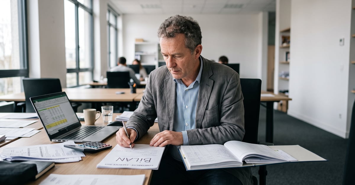 Bilan comptable avec documents financiers et chiffres sur un bureau professionnel – comptabilite bilan