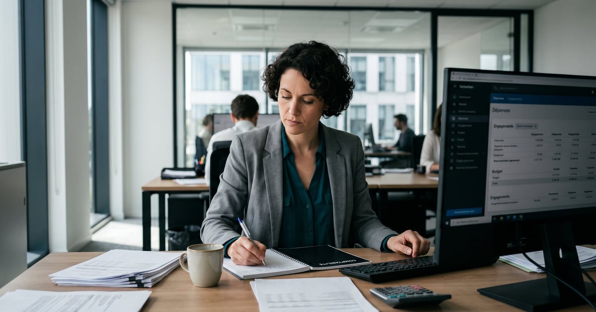 Comptabilité d'engagement : documents financiers et registres comptables sur un bureau professionnel