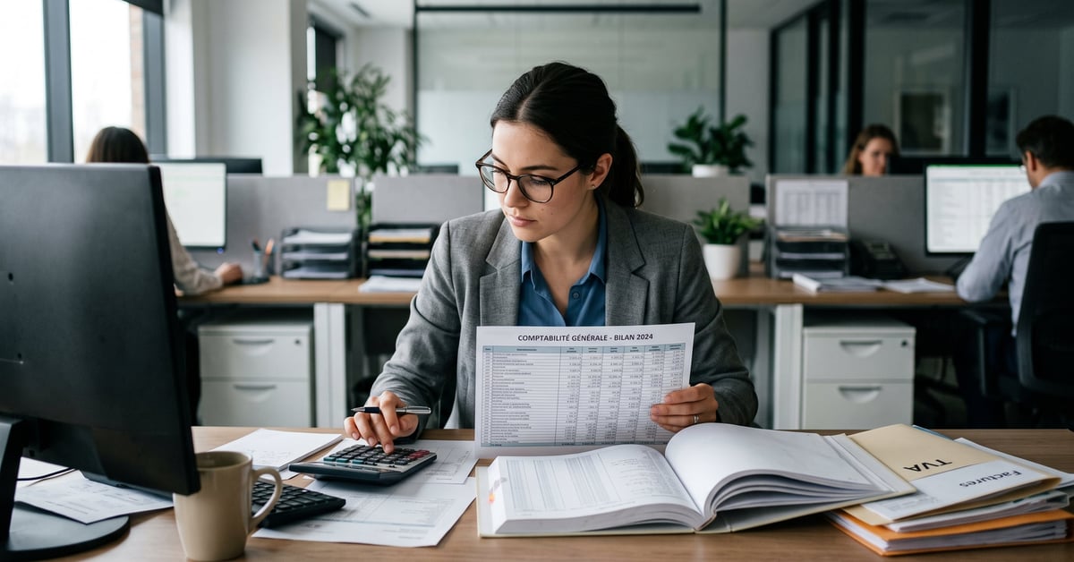 Comptabilité générale en entreprise : documents financiers et registres comptables sur un bureau professionnel