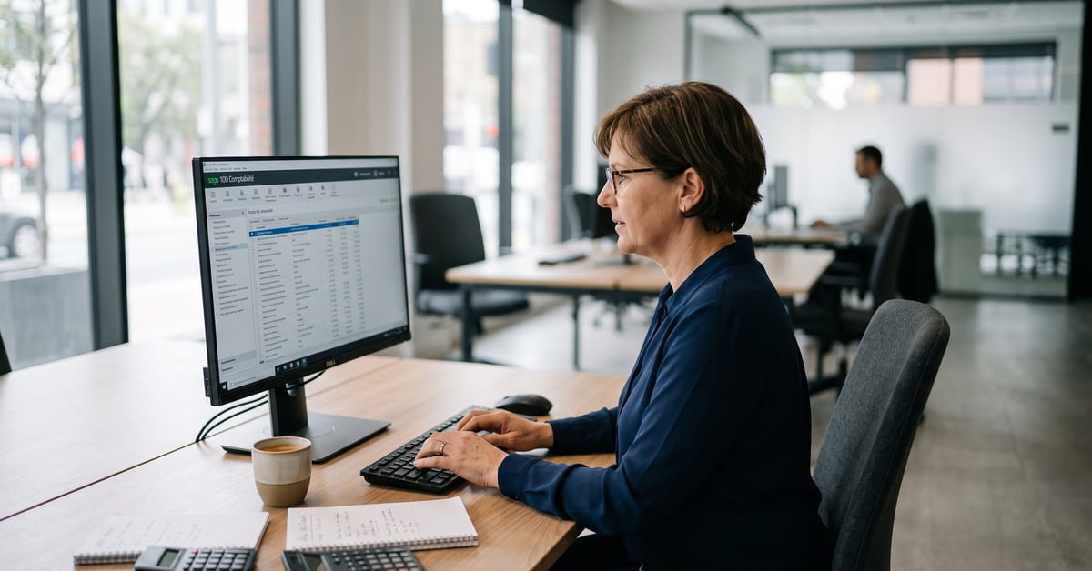 Interface Sage 100 Comptabilité sur ordinateur de bureau dans un bureau moderne de PME