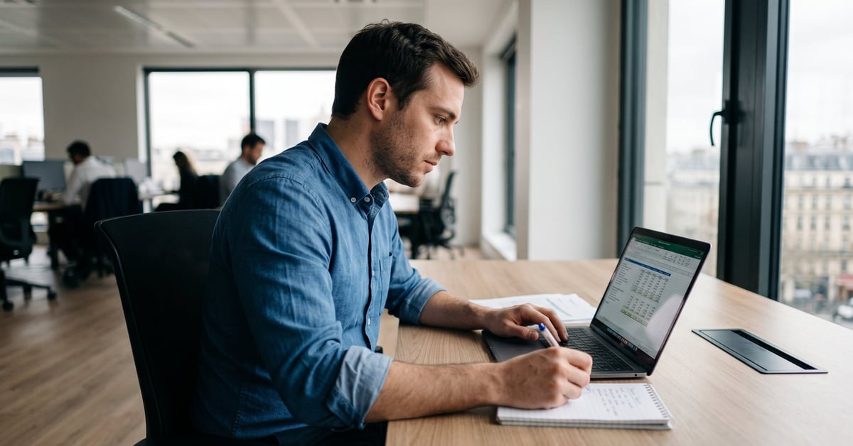 Auditeur financier analysant des documents de salaire et cotisations sociales dans un bureau moderne