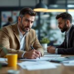 Audit financier entreprise : expert-comptable analysant des documents financiers sur un bureau professionnel