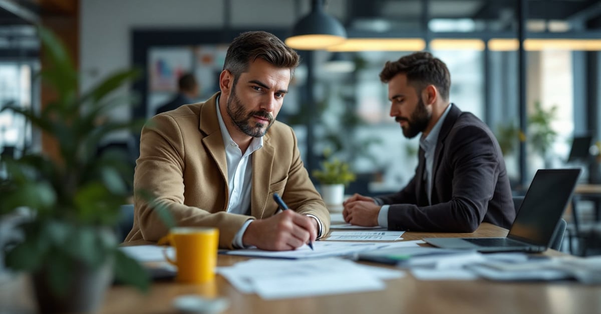 Audit financier entreprise : expert-comptable analysant des documents financiers sur un bureau professionnel