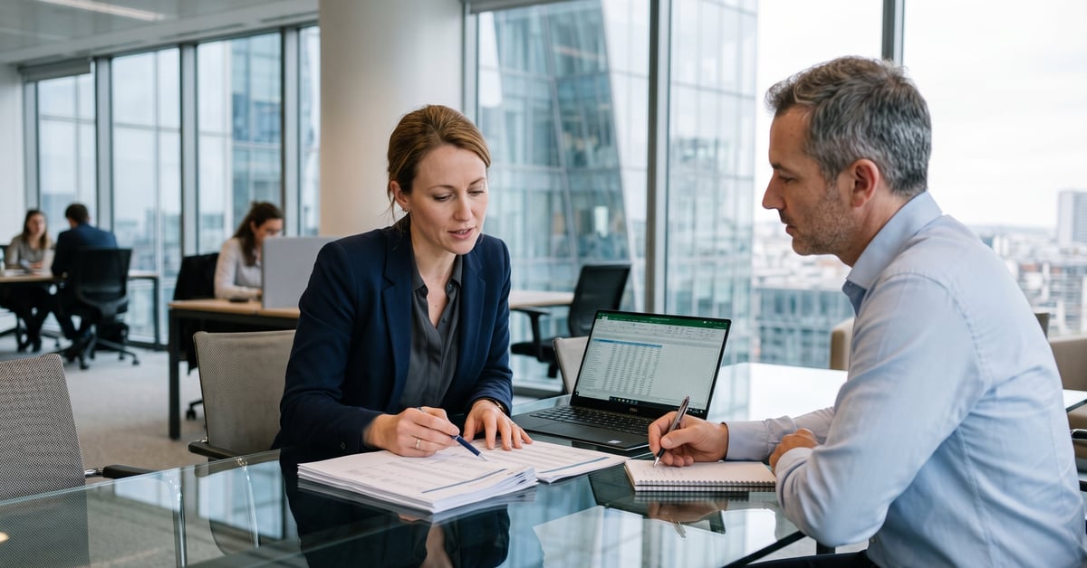 Professionnel en audit financier analysant des documents dans un bureau moderne — emploi audit financier