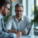 Stagiaire en audit financier analysant des documents comptables dans un bureau moderne