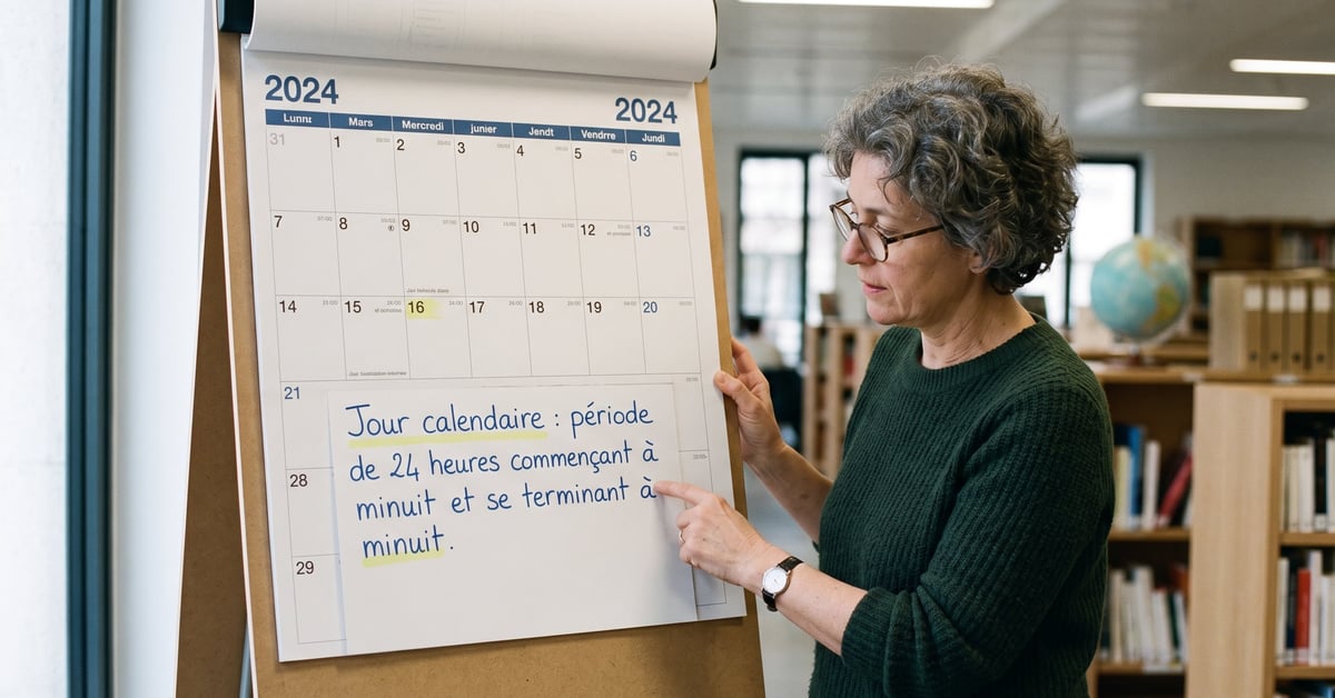 Calendrier ouvert montrant les jours de la semaine, illustrant la définition d'un jour calendaire