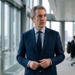 Directeur financier en costume dans un bureau moderne, analysant des données financières