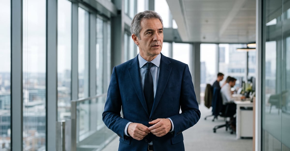 Directeur financier en costume dans un bureau moderne, analysant des données financières