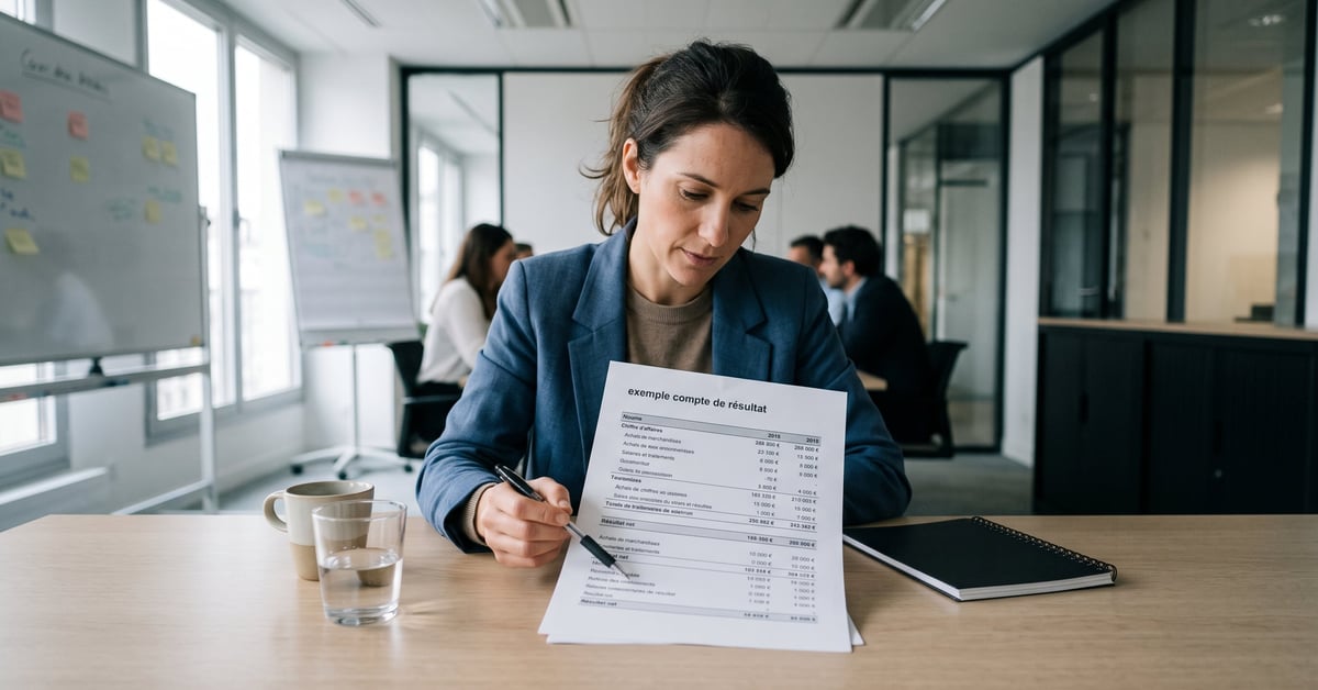 Exemple compte de résultat avec chiffres clés sur un bureau professionnel moderne
