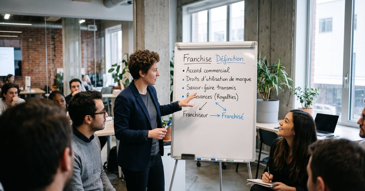 Franchise définition : concept illustré par un accord commercial entre franchiseur et franchisé en France
