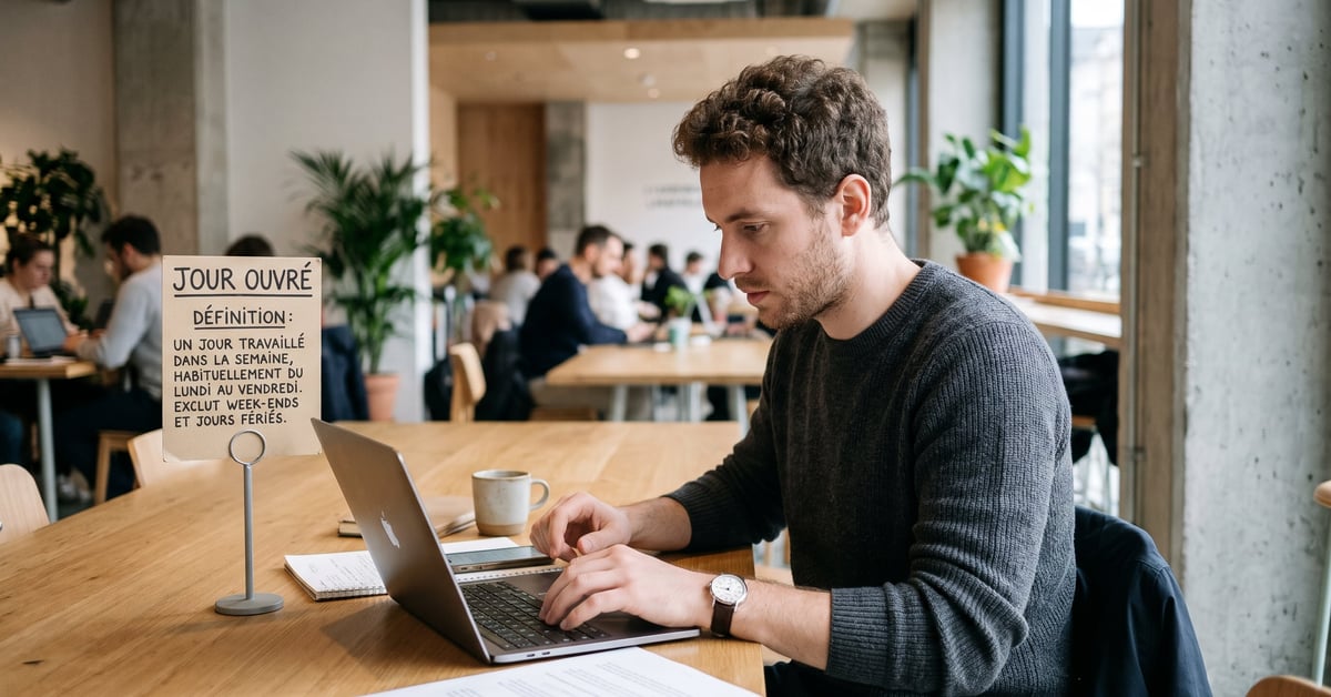 Jour ouvré définition : calendrier de travail avec jours ouvrés marqués sur un bureau professionnel