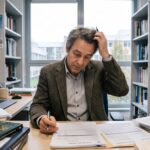 Enseignant-chercheur à son bureau consultant des documents sur son salaire et sa grille indiciaire