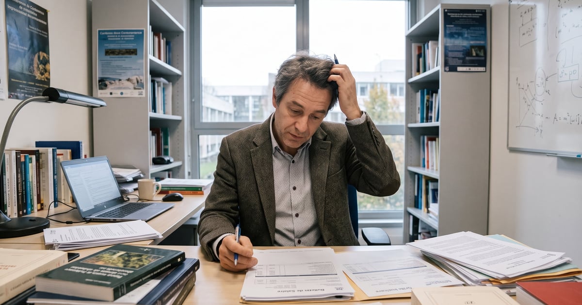 Enseignant-chercheur à son bureau consultant des documents sur son salaire et sa grille indiciaire