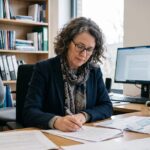 Professeur universitaire dans son bureau entouré de documents et d'un ordinateur — salaire prof universitaire