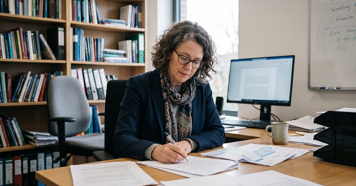 Professeur universitaire dans son bureau entouré de documents et d'un ordinateur — salaire prof universitaire